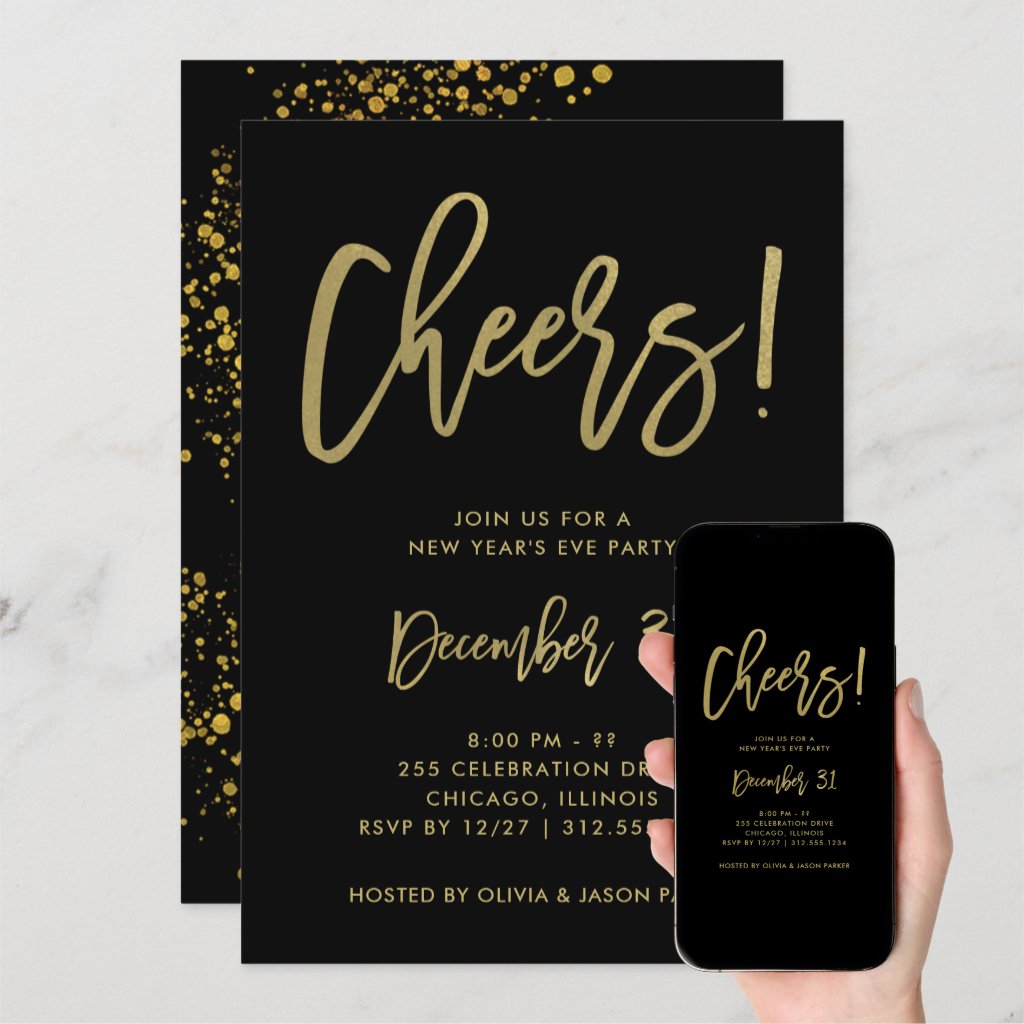 Glam Gold Script on Black | New Years Eve Party Invitation