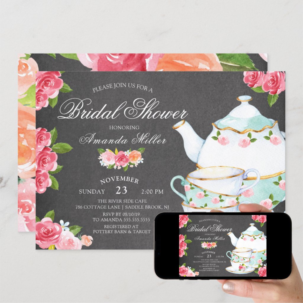 Chalkboard Watercolor Foral Tea Bridal Shower Invitation