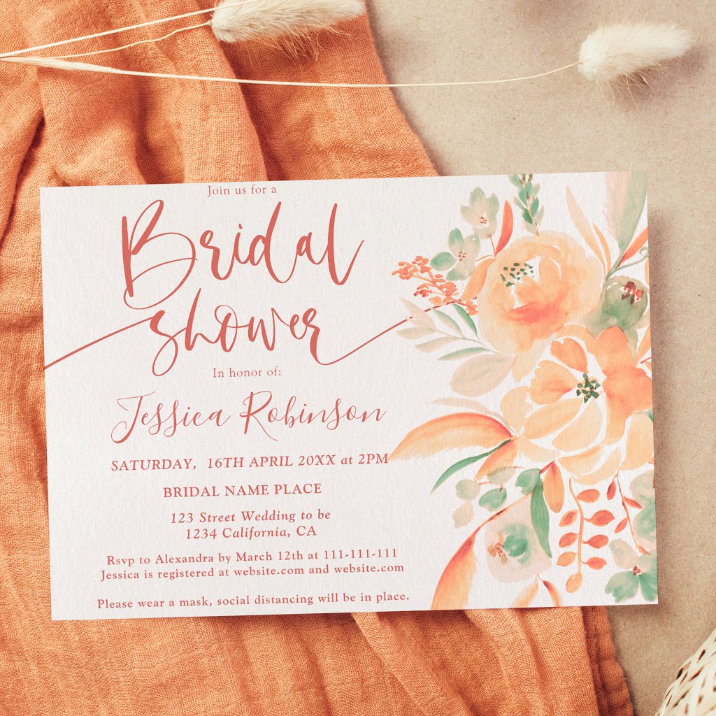 Terracotta boho floral watercolor bridal shower invitation