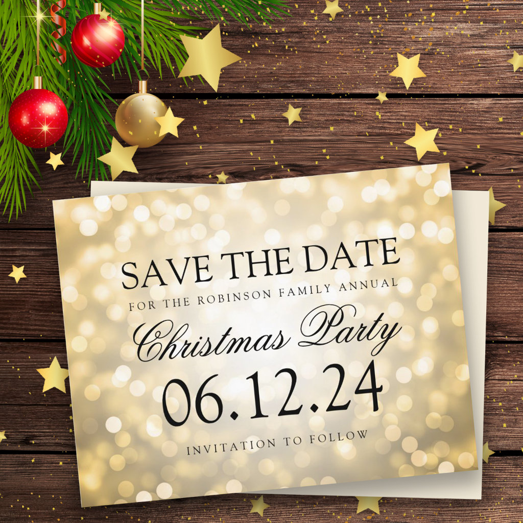 Christmas Party Save The Date Gold Glitter Lights Announcement Postcard