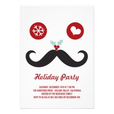 Silly Fun Cute Mustache Smiley Holiday Party Invitations