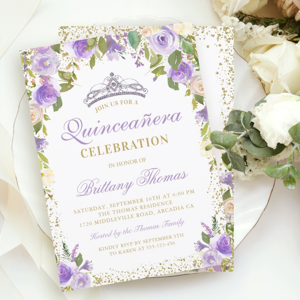 Purple Floral Sparkle Quinceanera 15th Birthday Invitation
