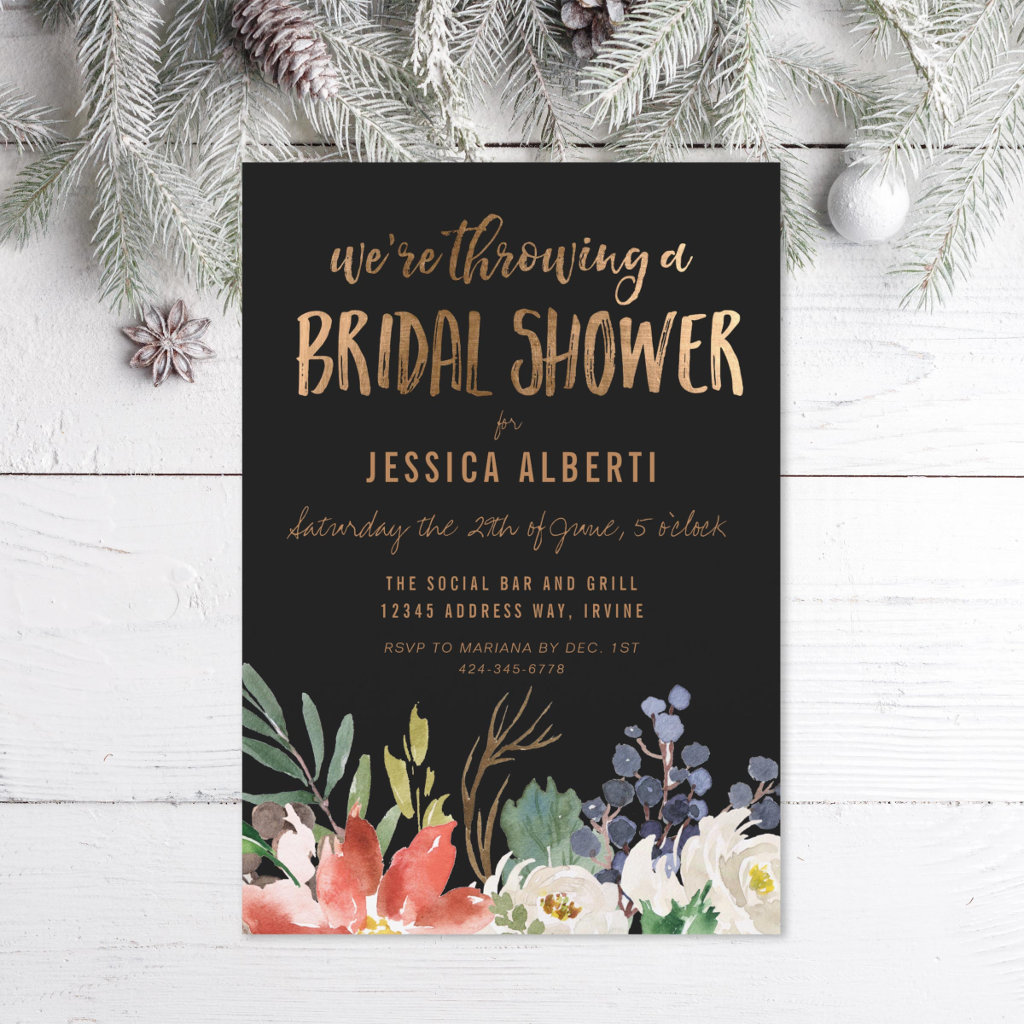 Christmas Watercolor Floral Bridal Shower Invitation