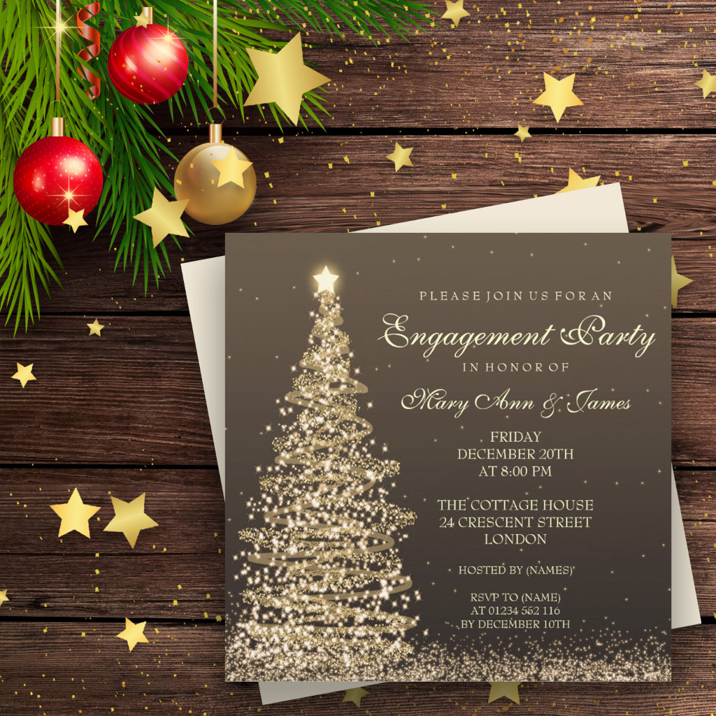 Elegant Christmas Engagement Party Gold Invitation