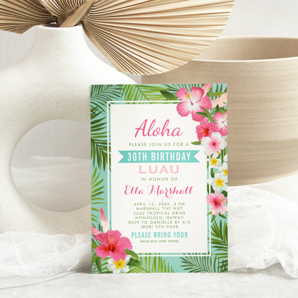 Tropical Pink Floral Birthday Luau Party Invitation