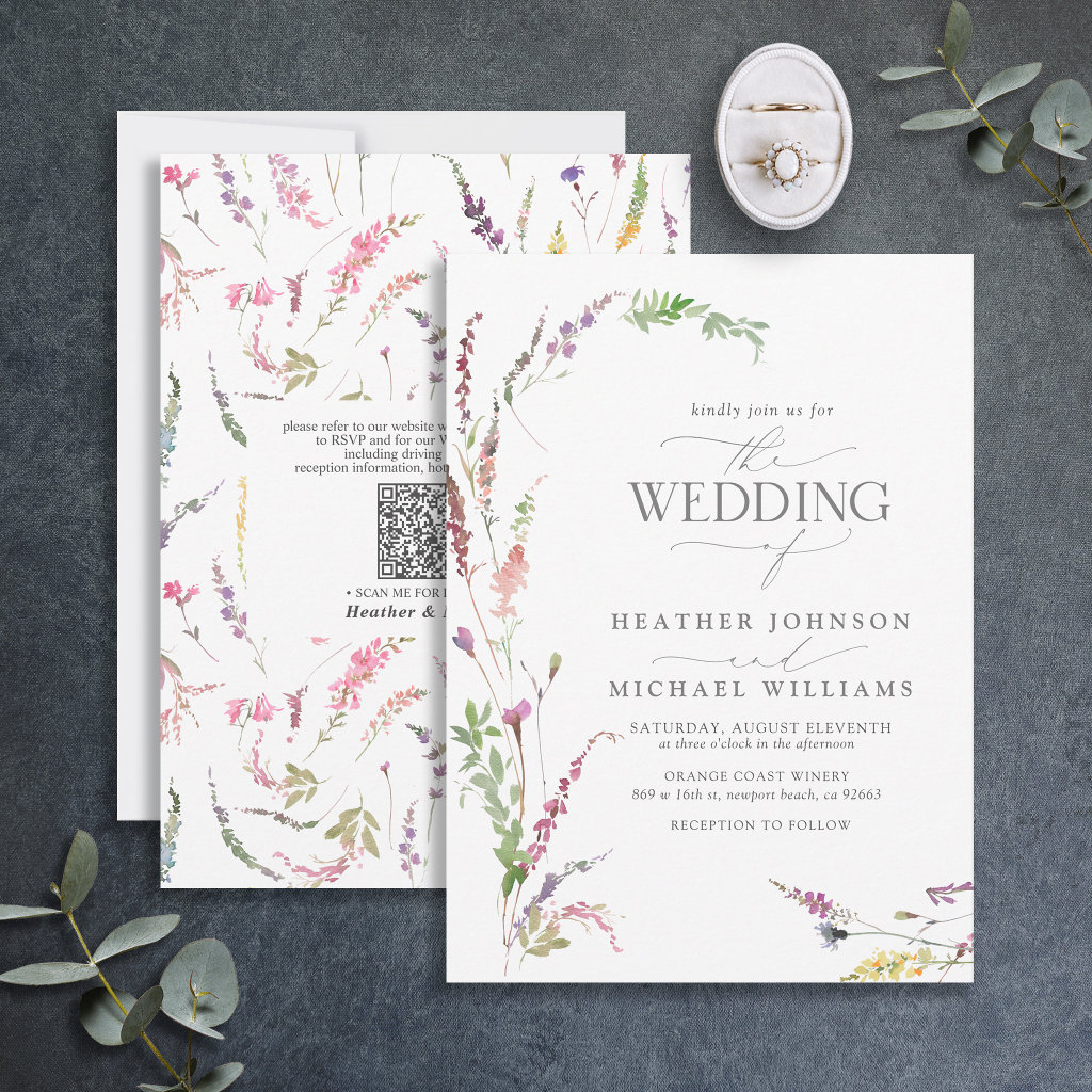 QR Code Trendy Elegant Wildflower Floral Wedding Invitation