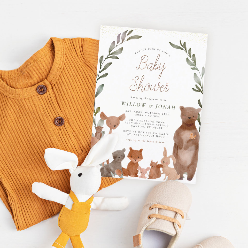 Forest Friends & Woodland Greenery Baby Shower Invitation