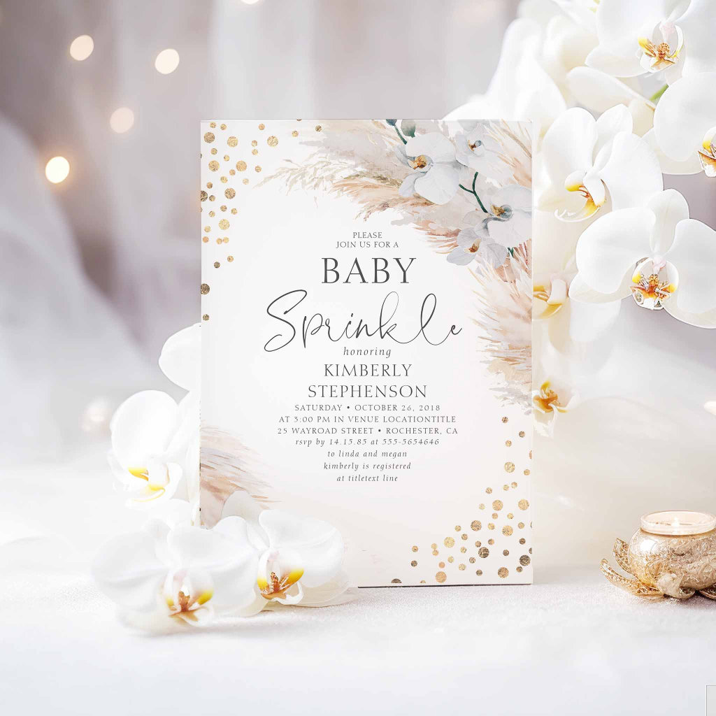 White Orchids Pampas Grass Baby Shower Sprinkle Invitation