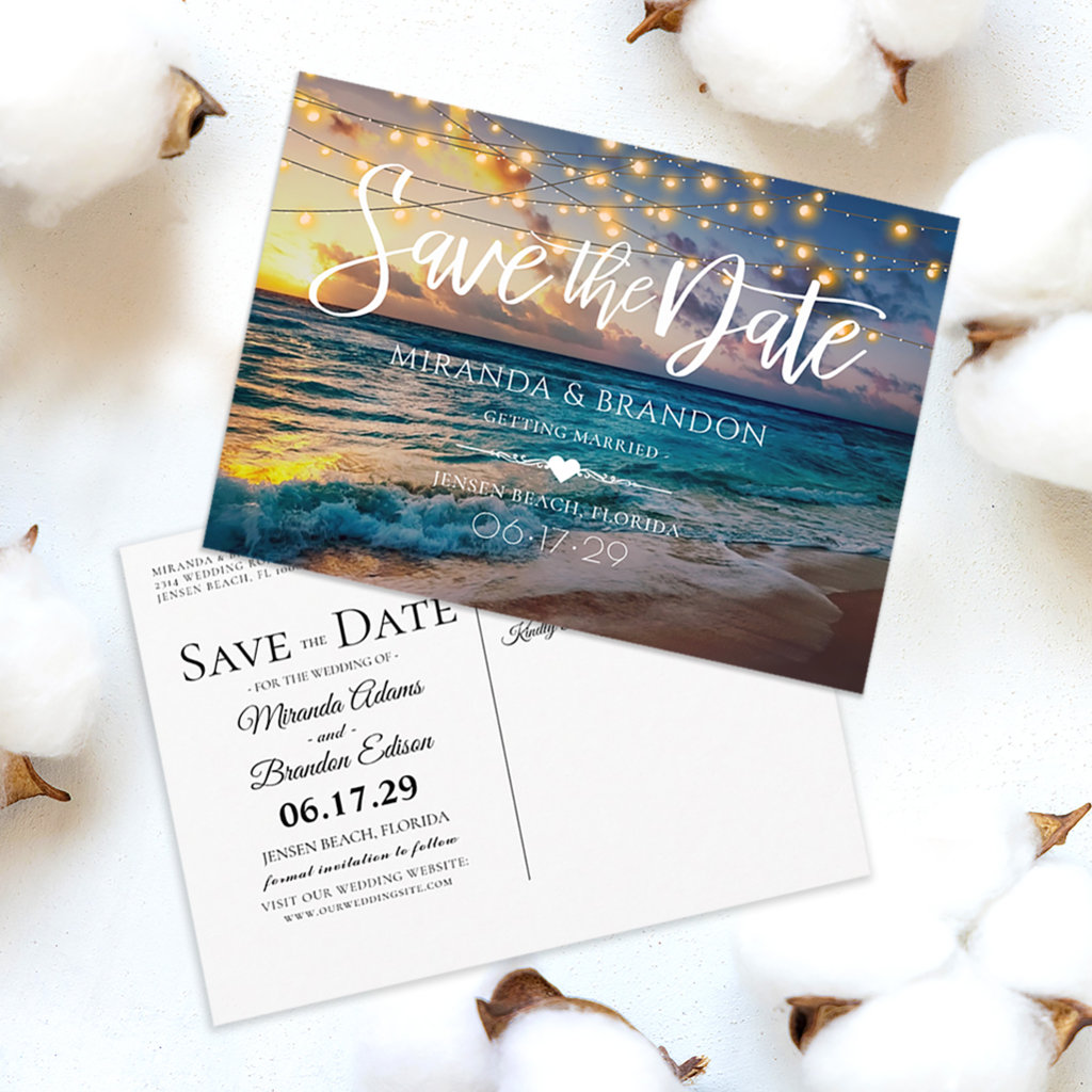 Elegant Summer Sunset Beach Wedding Save the Date Announcement Postcard
