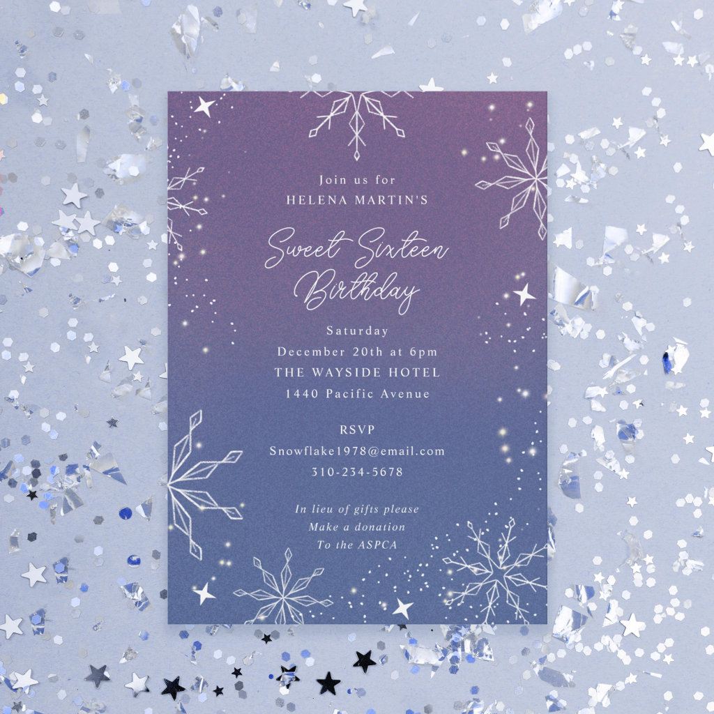 Purple Ombre Snowflake Birthday Invitation