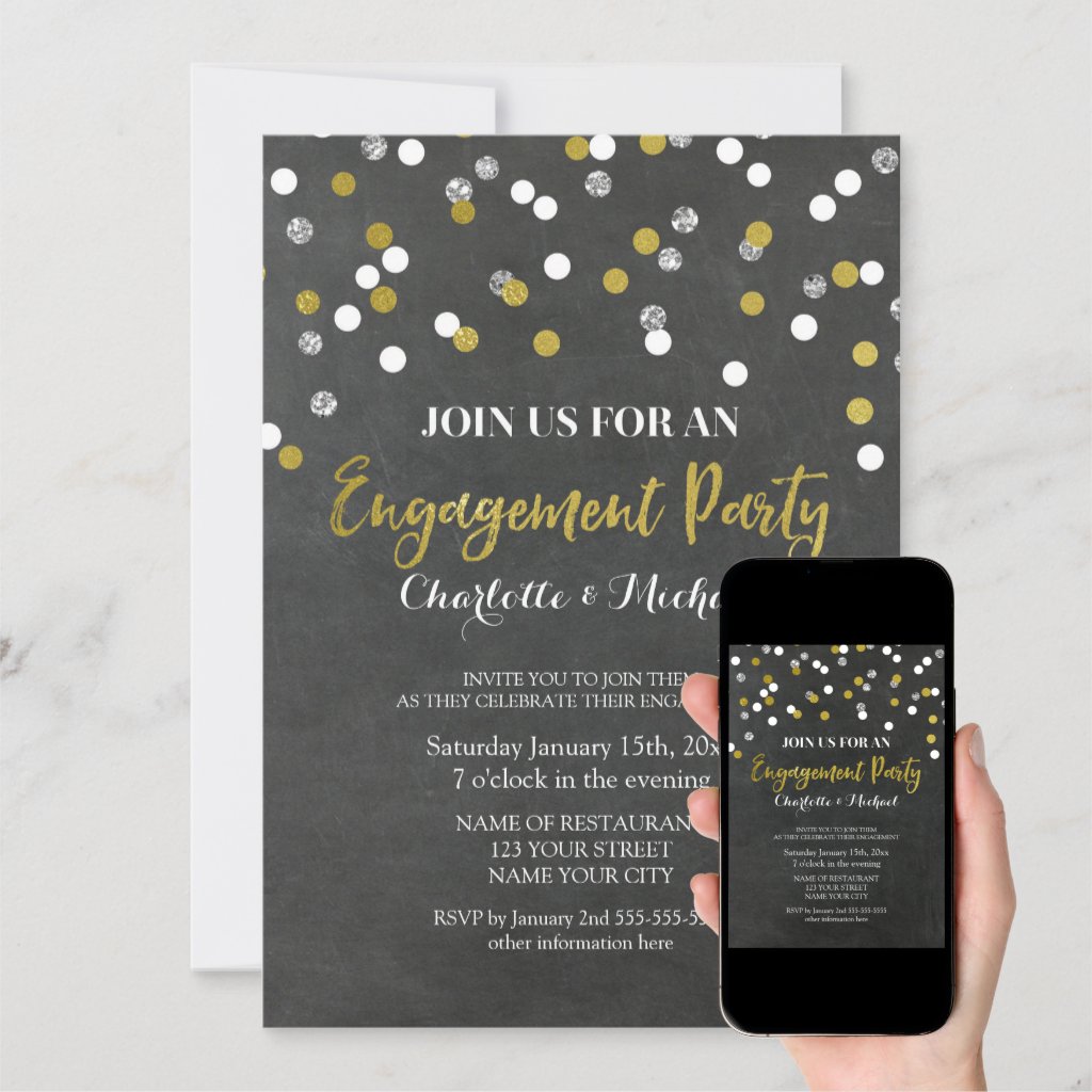 Gold Silver Confetti Engagement Party Invitation