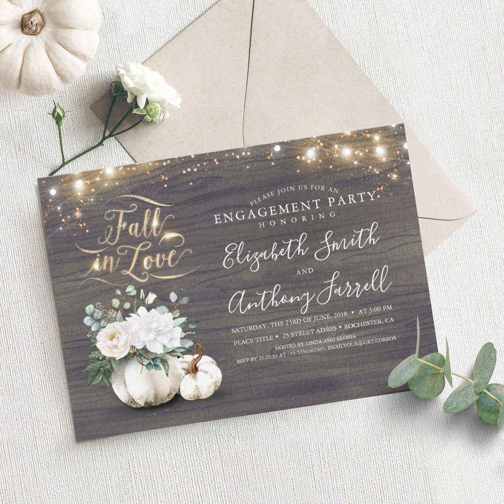 Fall in Love White Pumpkin Rustic Engagement Party Invitation