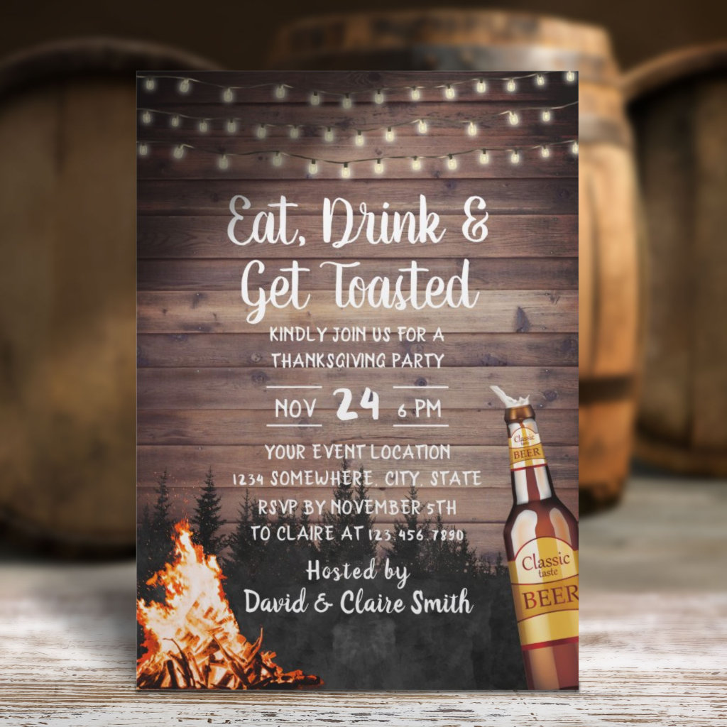 Bonfire & Beer Rustic Forest Thanksgiving Invitation
