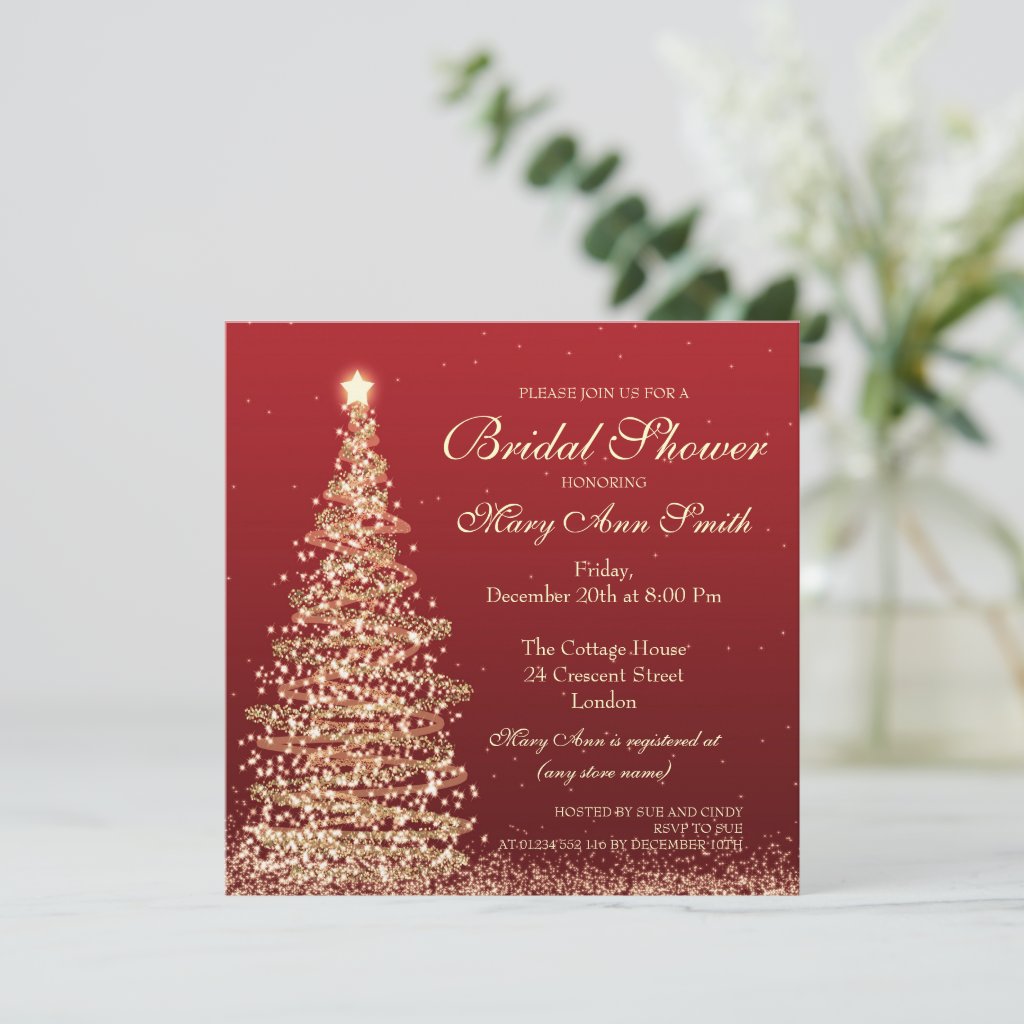 Elegant Christmas Bridal Shower Red Gold Invitation