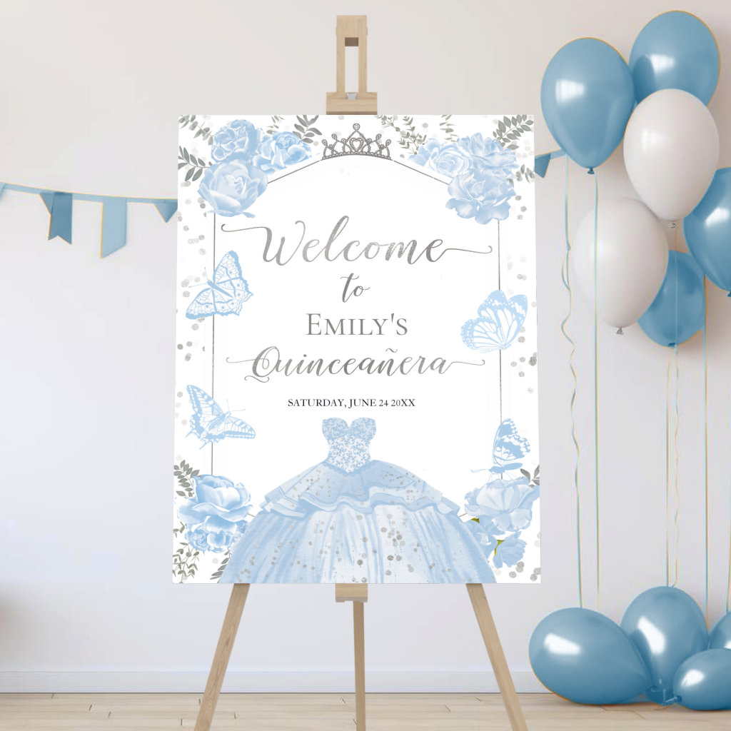 Quinceanera Welcome Sign Dusty Blue Dress Floral