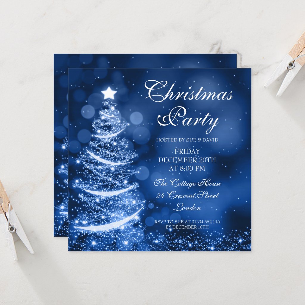 Elegant Silver & Blue Christmas Party Sparkle Invitation