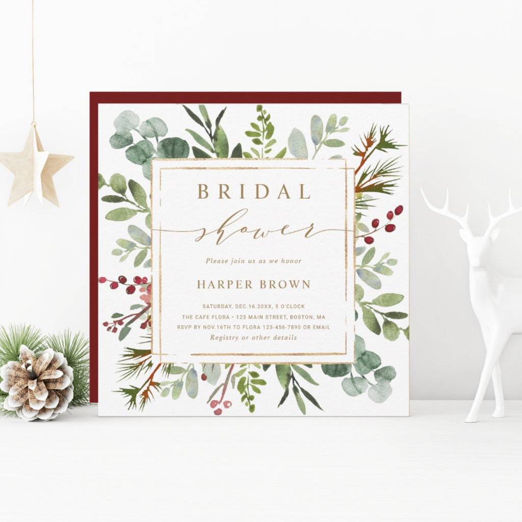 Botanical Greenery Christmas Bridal Shower Square Invitation
