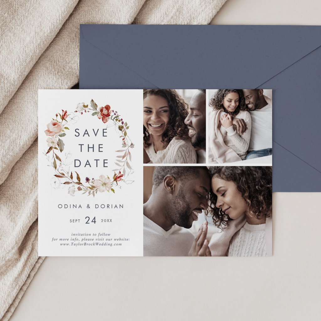 Simple Floral Wreath 3 Photo Collage Save The Date