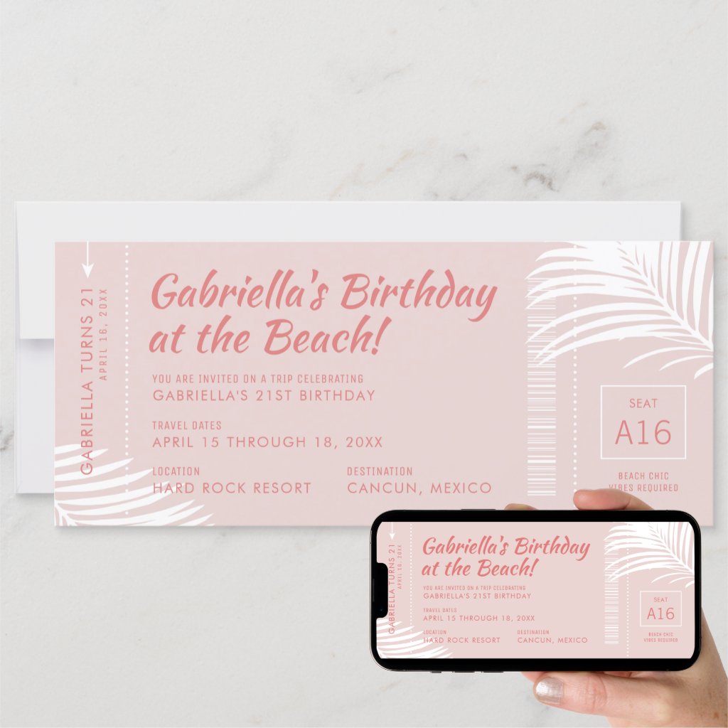 Beach Birthday Trip Ticket Boarding Pass Pink Invitation