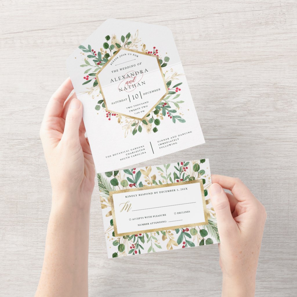 Gilded Greenery on White | Christmas Wedding All In One Invitation