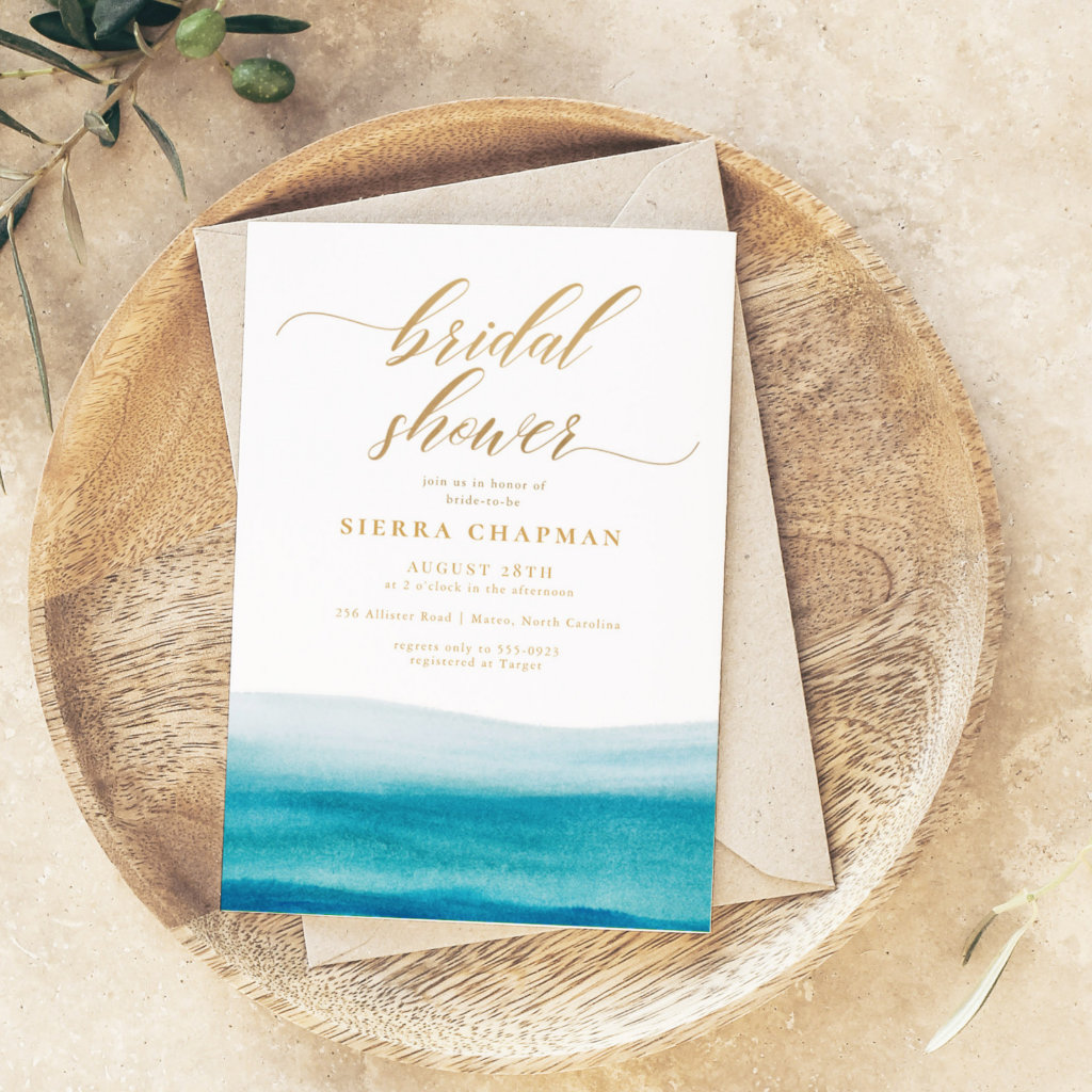 Ocean Watercolor Gold Script Beach Bridal Shower Invitation