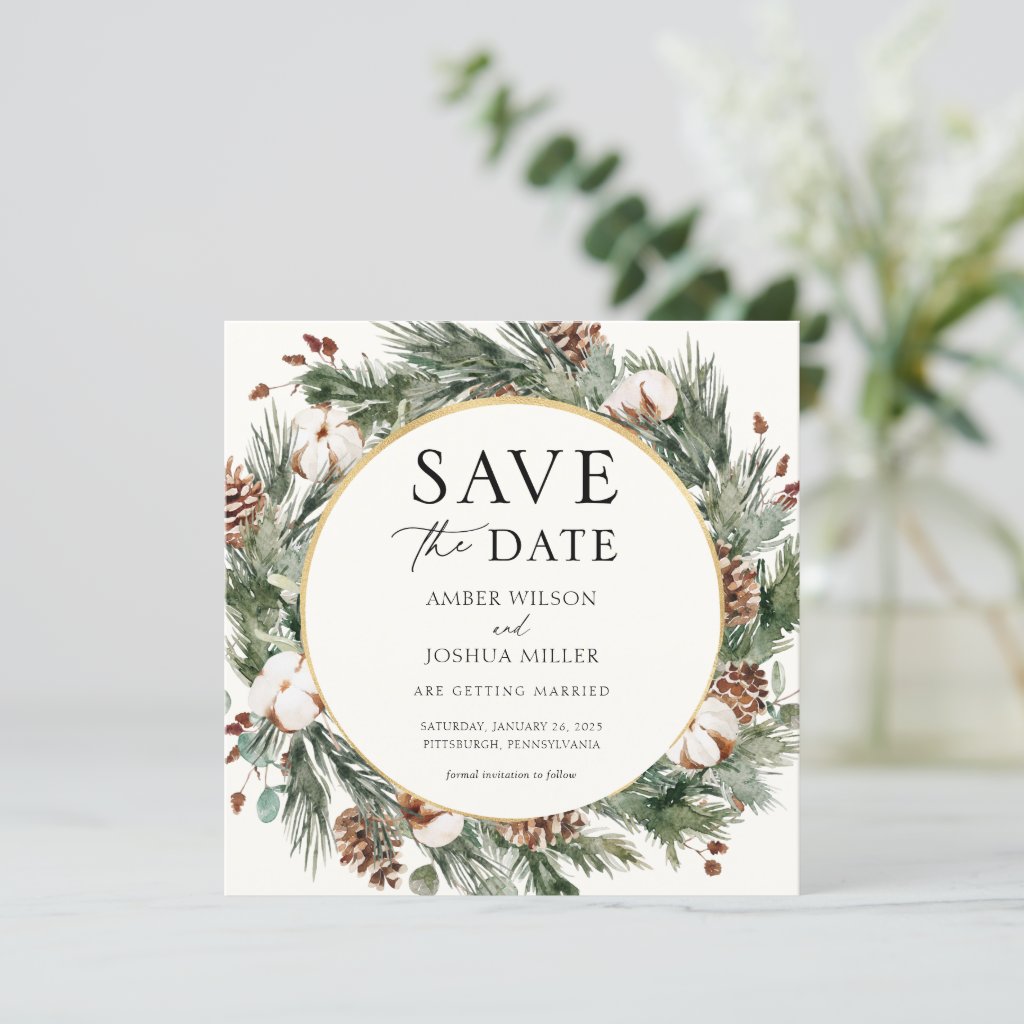Winter Evergreen Wedding Save the Date Invitation