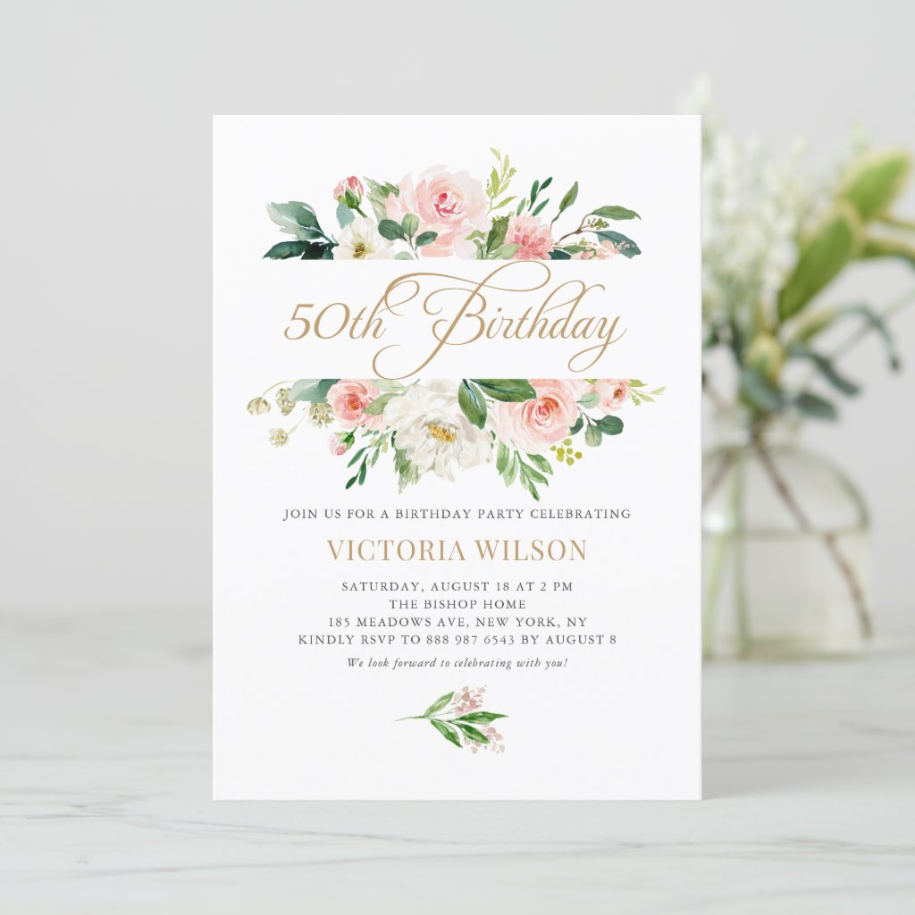 Pretty Blush Peony Floral Frame 50th Birthday Invitation