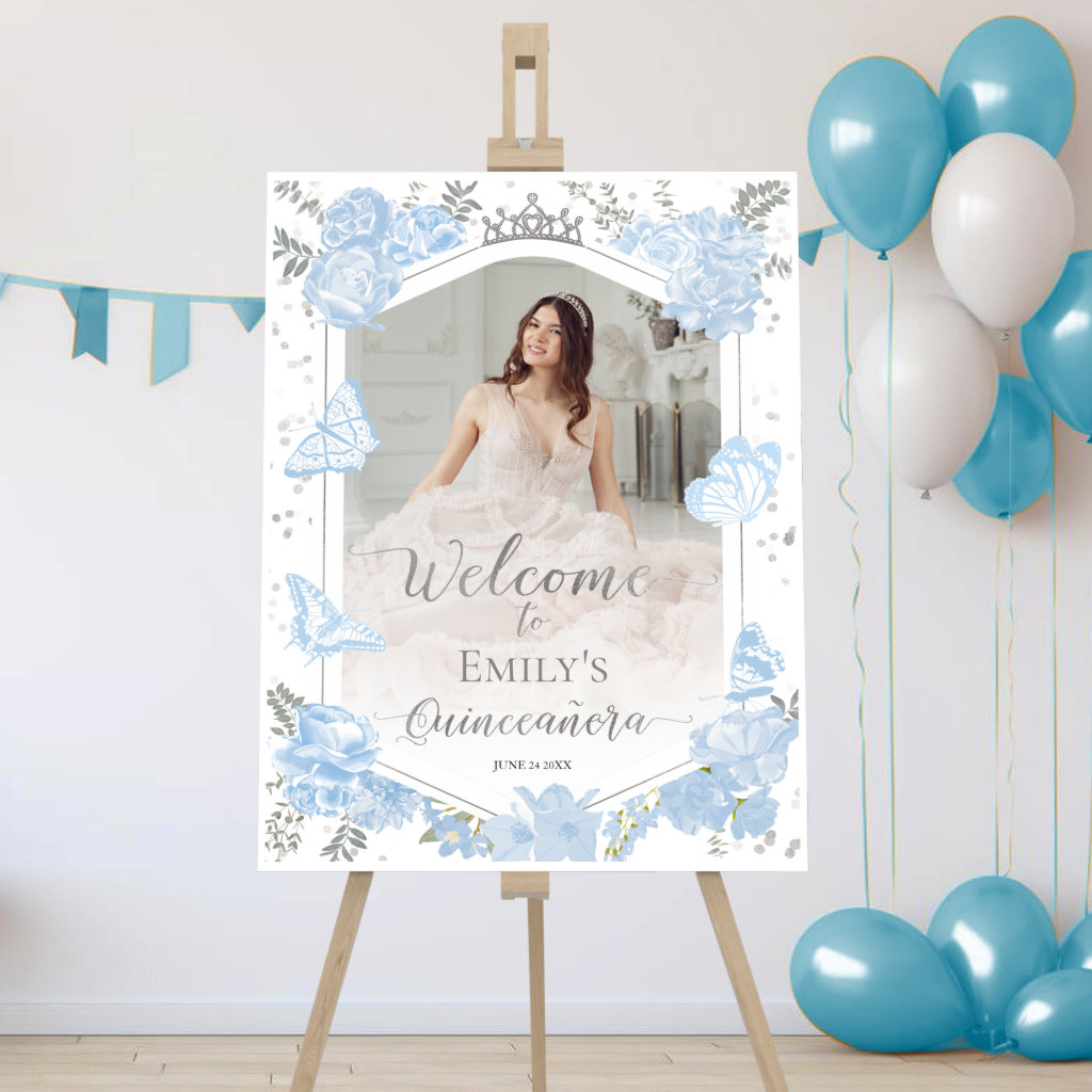 Quinceanera Photo Welcome Sign Dusty Blue Floral