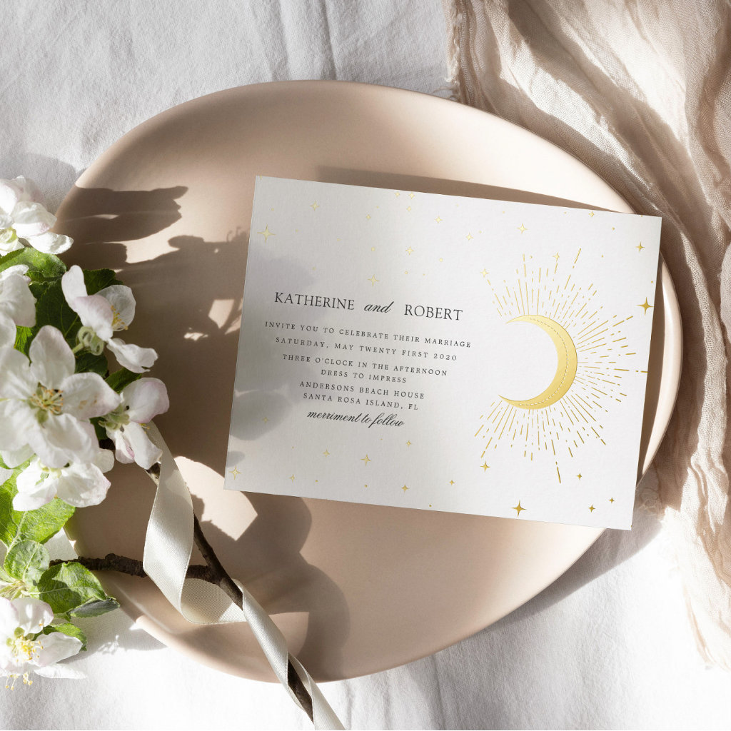 Celestial Midnight Silver Stars Wedding Foil Invitation