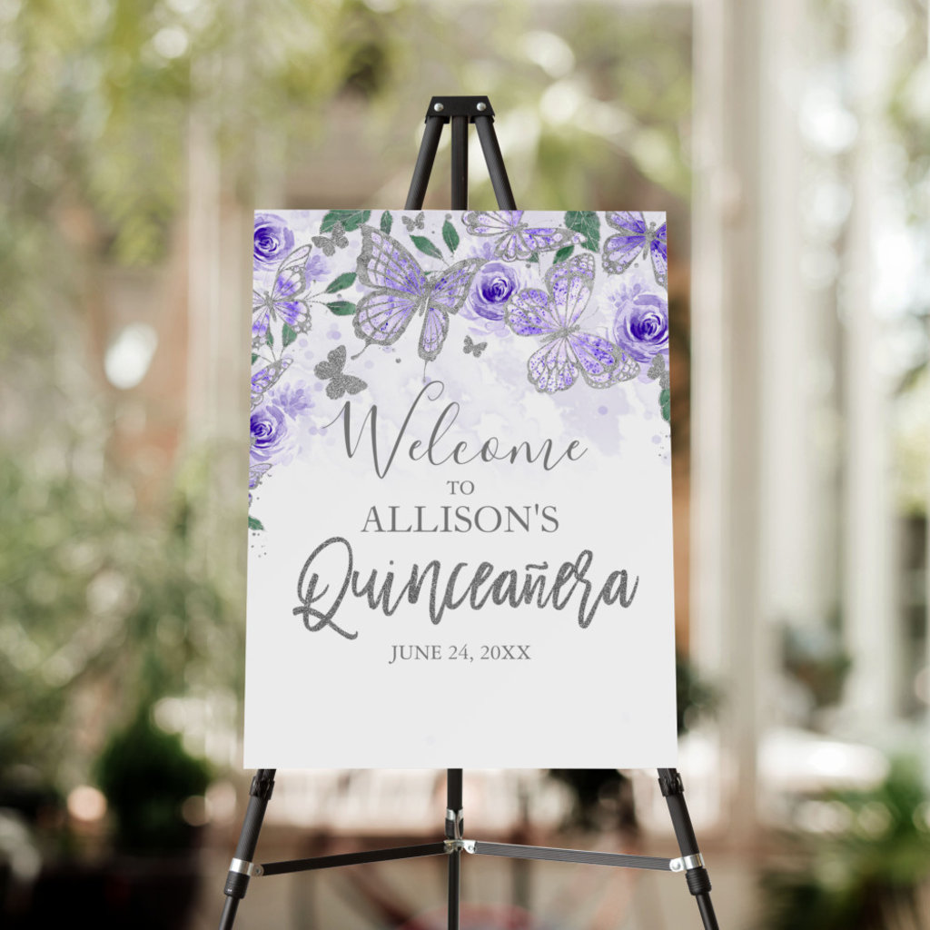 Quinceanera Purple Butterflies Floral Welcome Sign