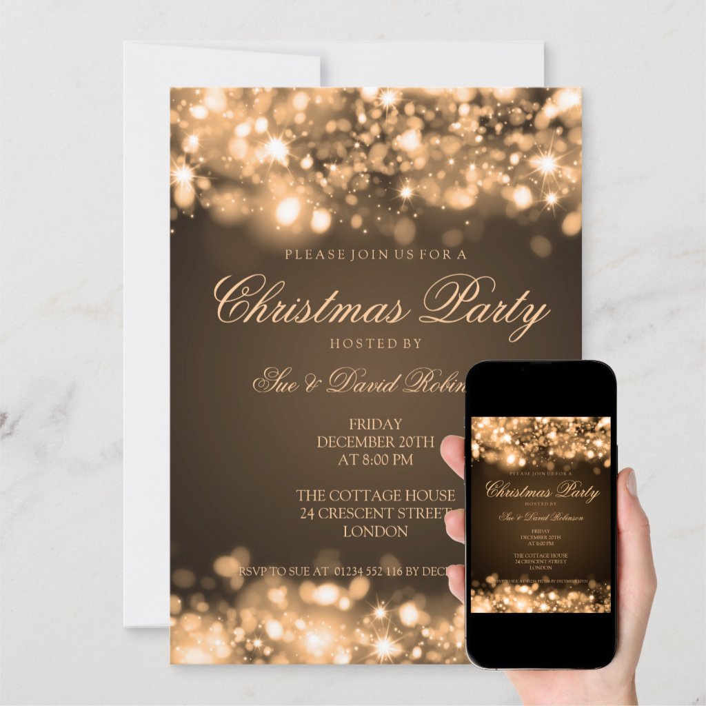 Christmas Party Sparkling Lights Gold Invitation
