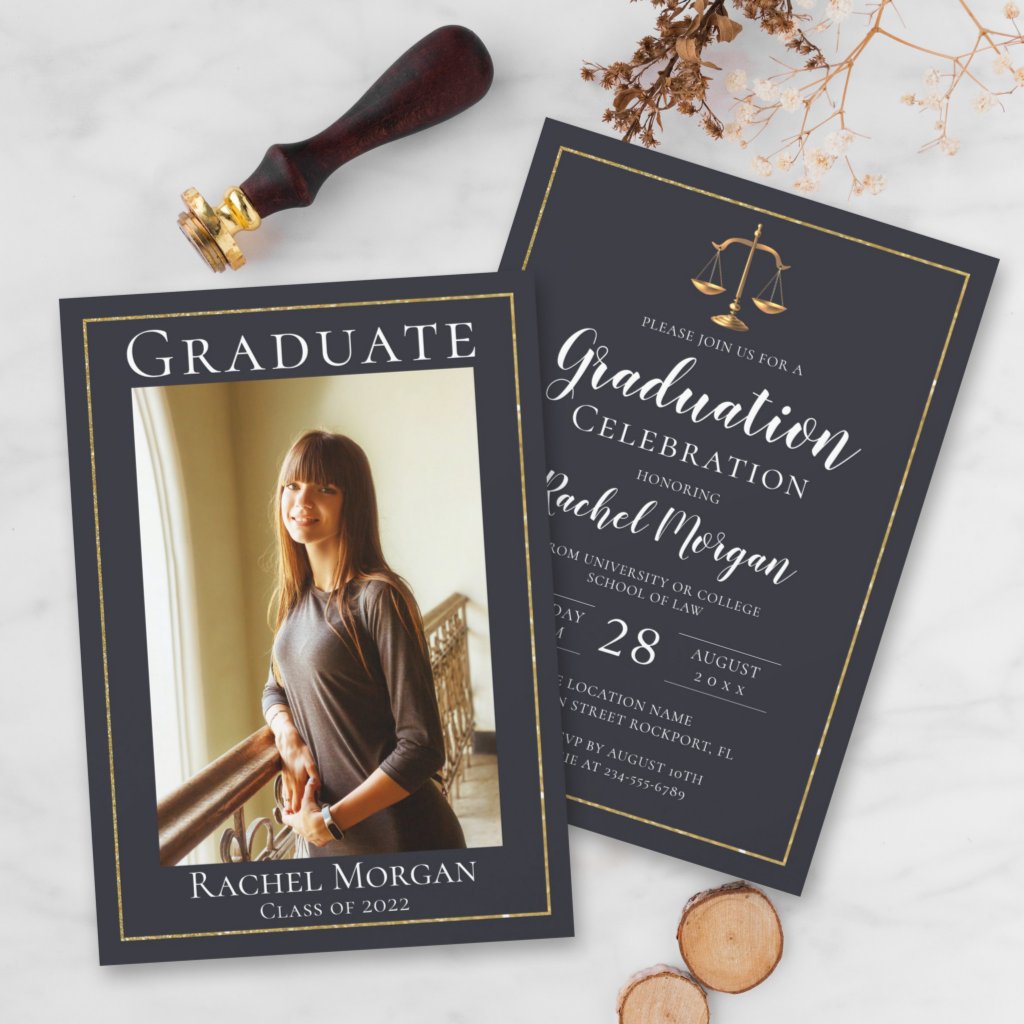 Elegant Law School Gold Justice Graduation Photo Invitation