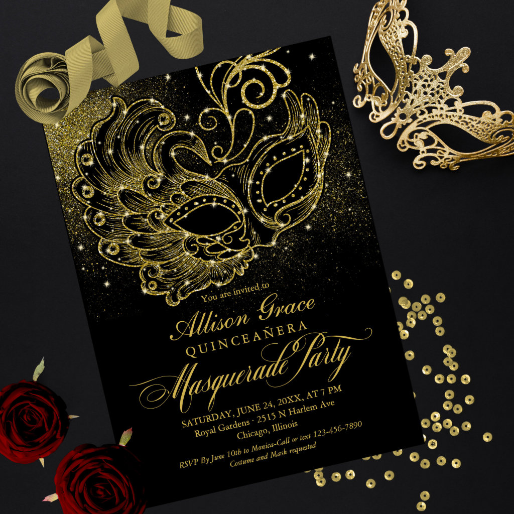 Black Gold Quinceanera Masquerade Invitation