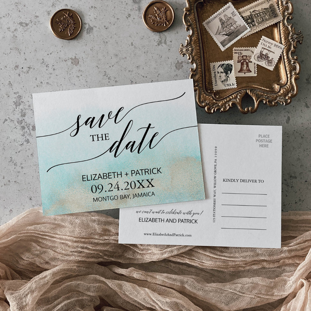 Aqua and Gold Watercolor Beach Save the Date Announcement Postcard