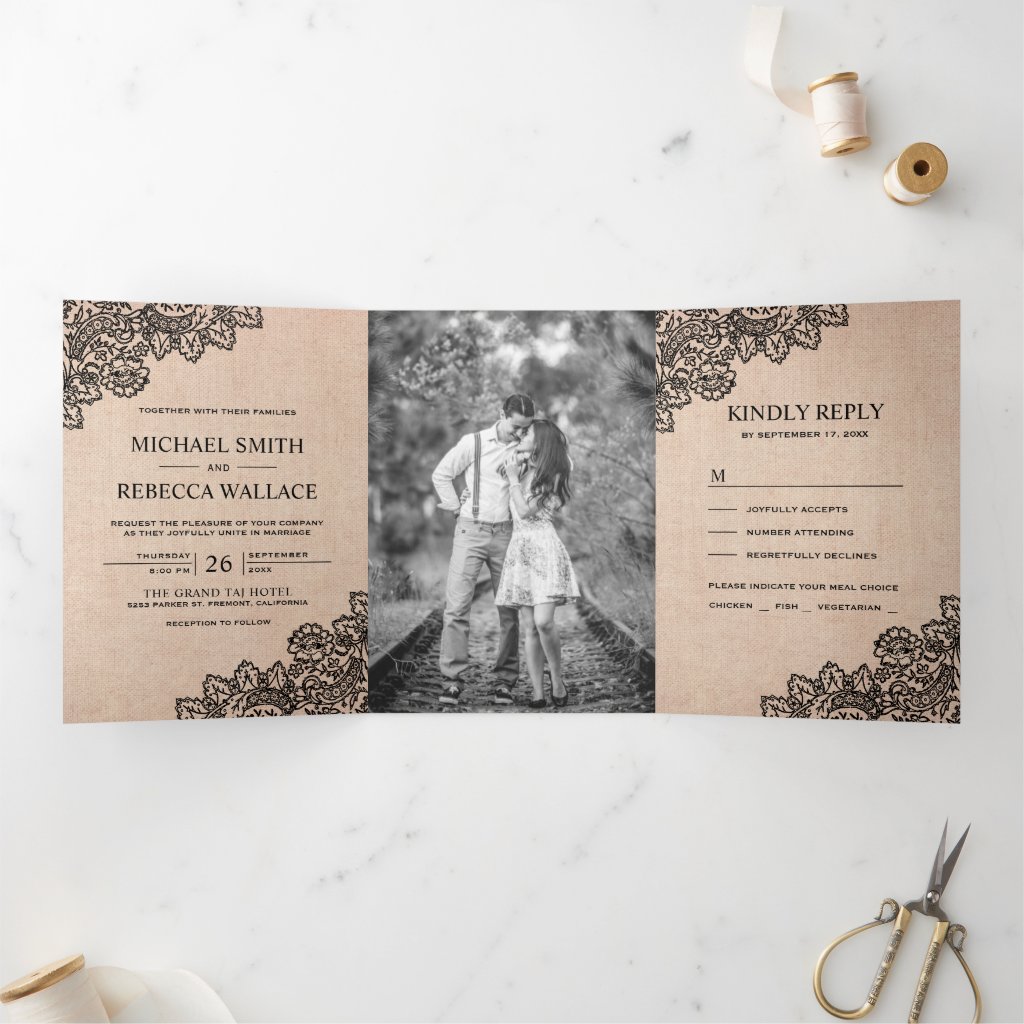 Rustic Burlap and Black Lace Wedding Photo Tri-Fold Invitation