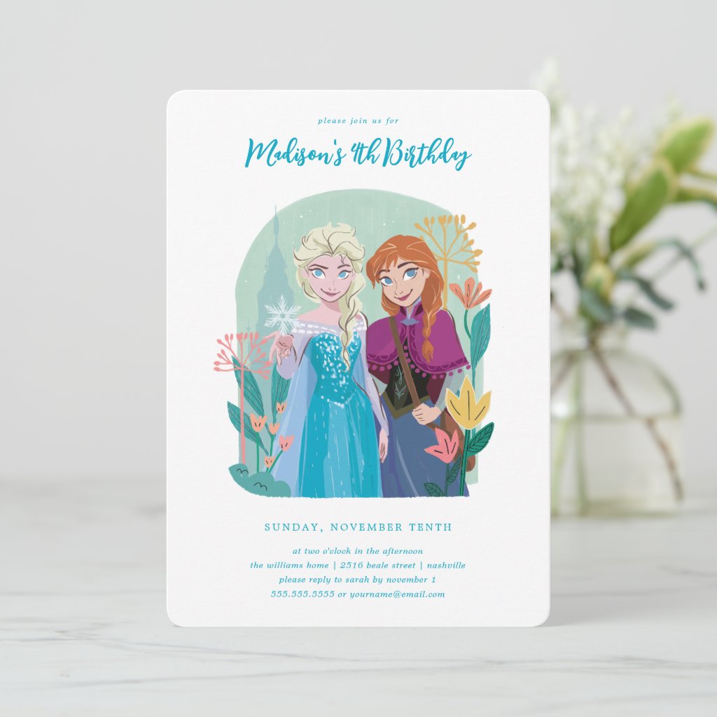 Disney's Anna & Elsa Frozen Floral Girls Birthday Invitation