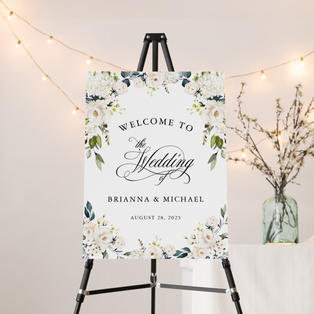 White Watercolor Floral Wedding Welcome Sign