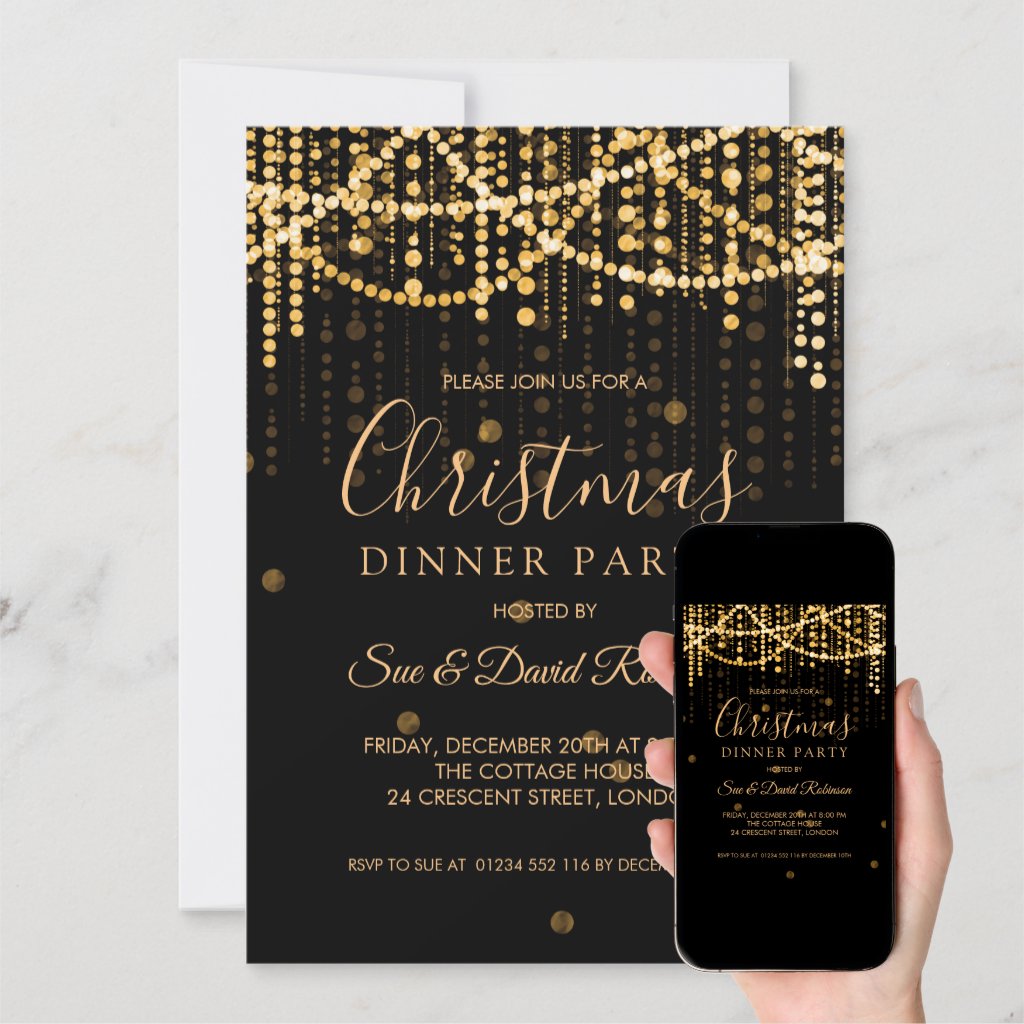 Gold String Lights Christmas Holiday Dinner Party Invitation