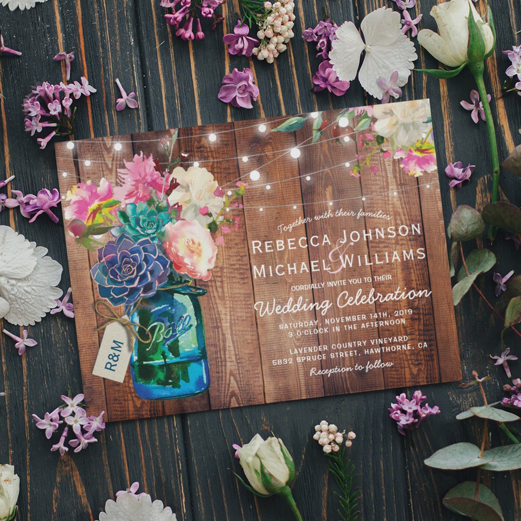 Rustic Mason Jar String Lights Floral Wedding Invitation