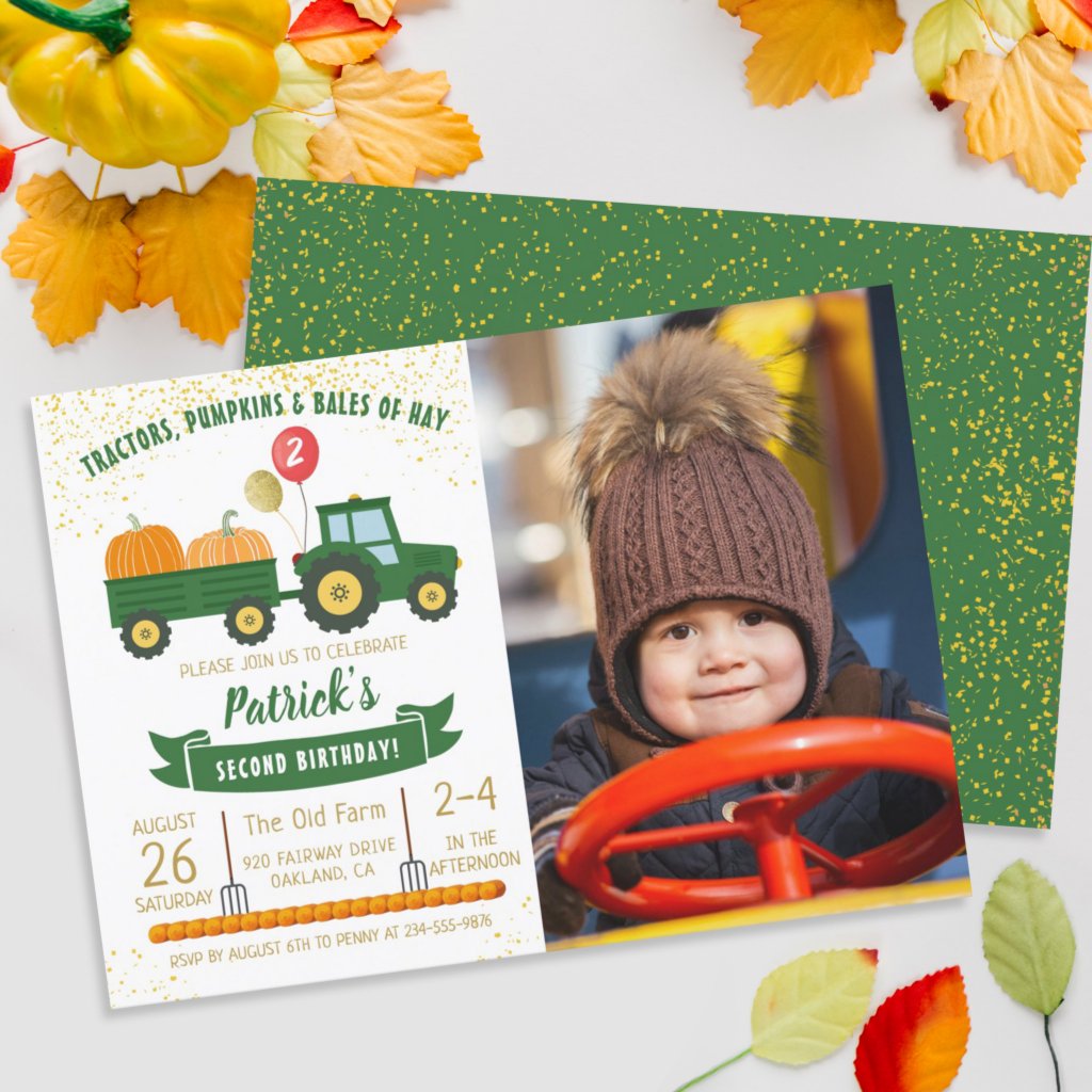 Tractor Pumpkin Fall Boy Photo Birthday Invitation