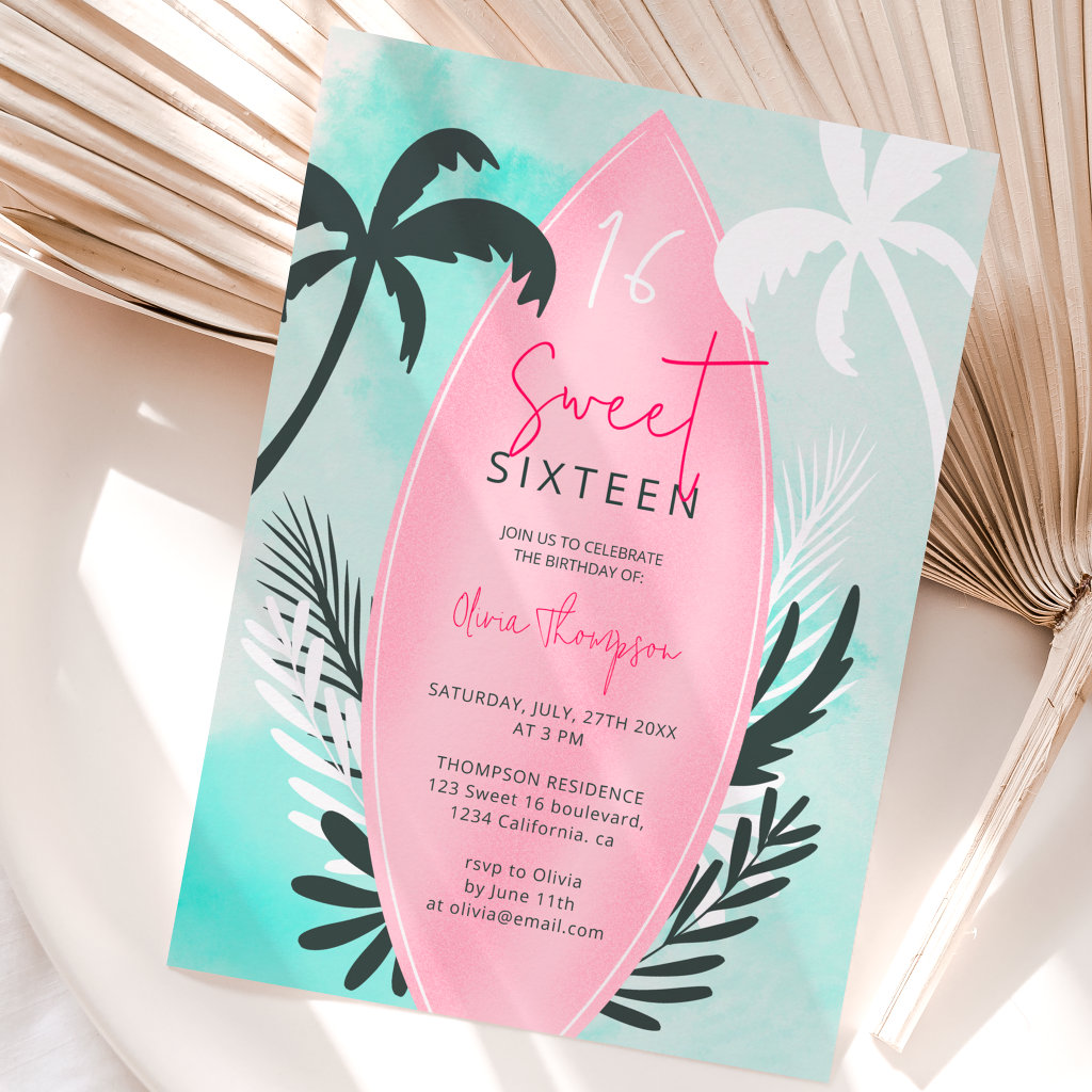 Tropical beach surfboard palm tree Sweet 16 Invitation