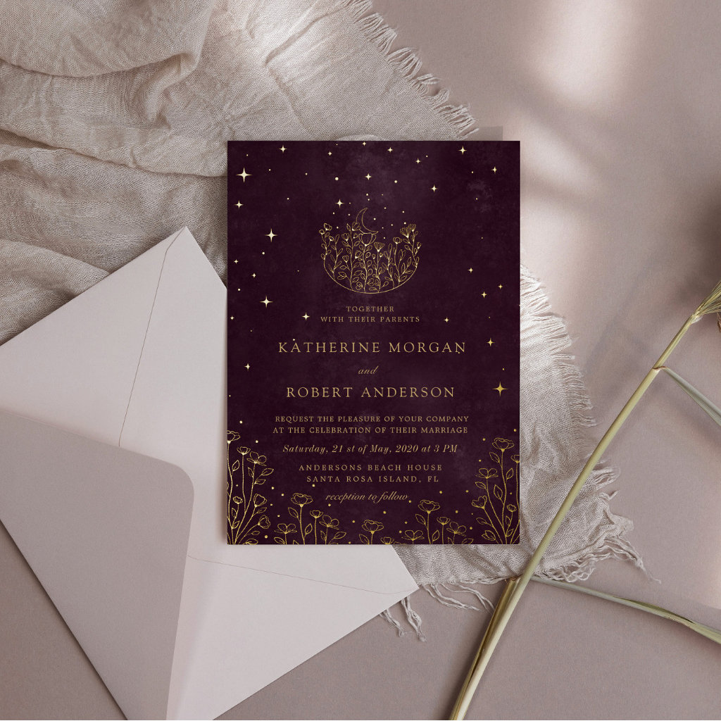 Celestial Burgundy Gold Moon And Stars Wedding Foil Invitation