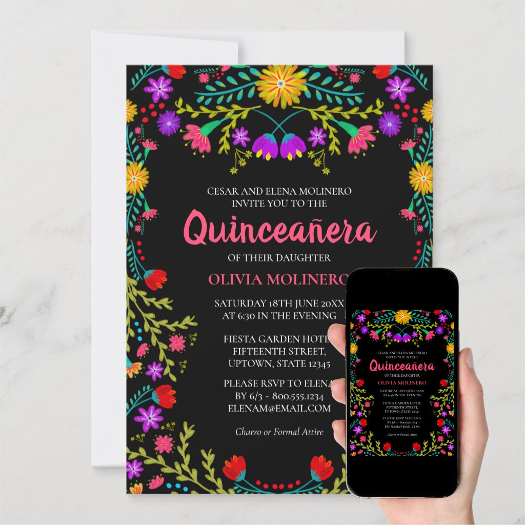 Quinceanera Mexican Fiesta Floral Black Birthday Invitation