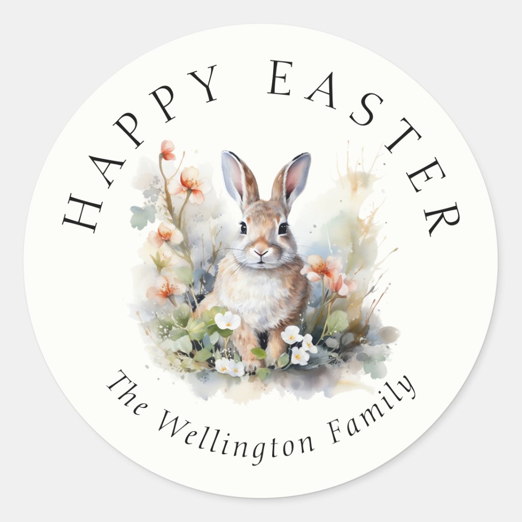 Happy Easter Modern Elegant Watercolor Bunny Classic Round Sticker