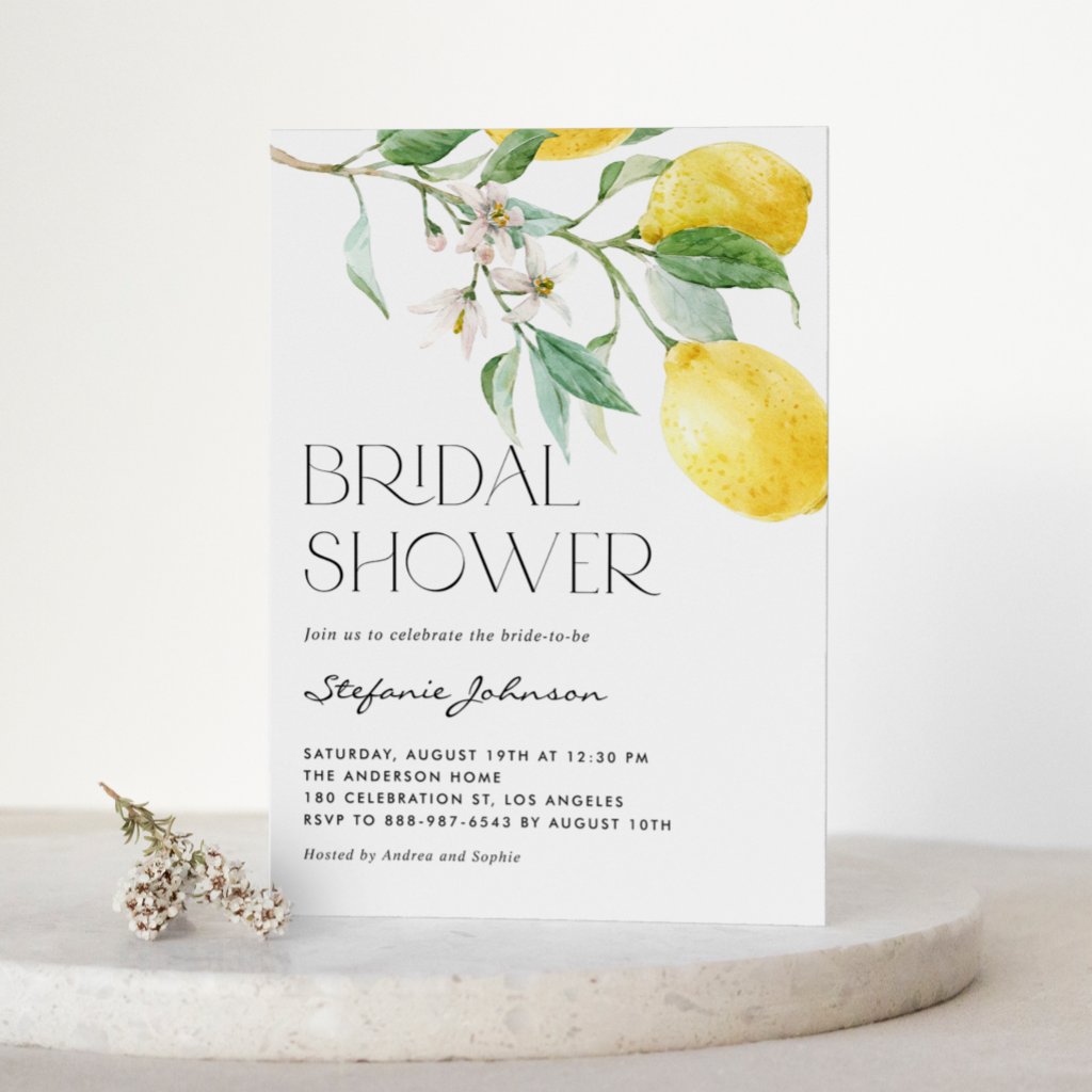 Watercolor Lemon Bouquet Summer Bridal Shower Invitation