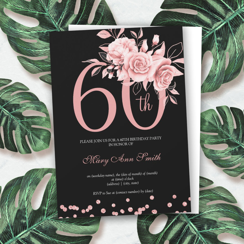 Rose Gold Floral 60th Birthday Party Black Invitation