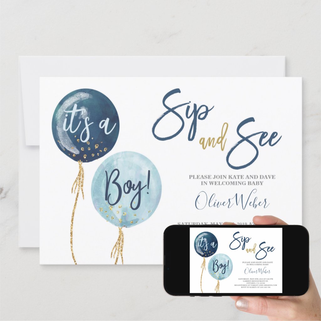 Sip and See navy blue balloons baby shower boy Invitation
