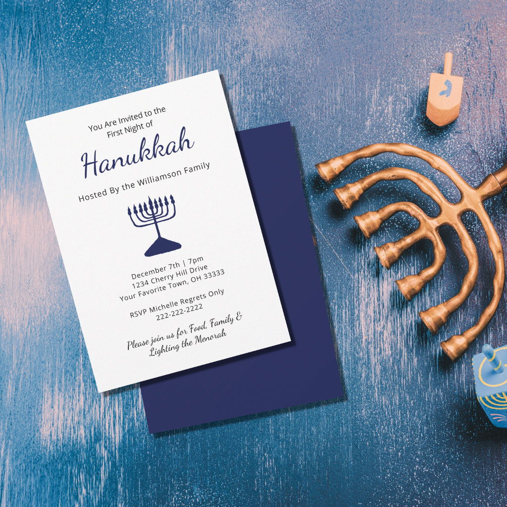 Simple Blue Menorah Family Hanukkah Party Invitation