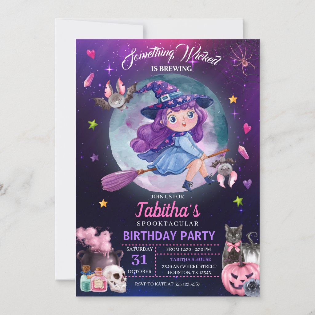 Cute Witch Halloween Kids Birthday Party Invitation
