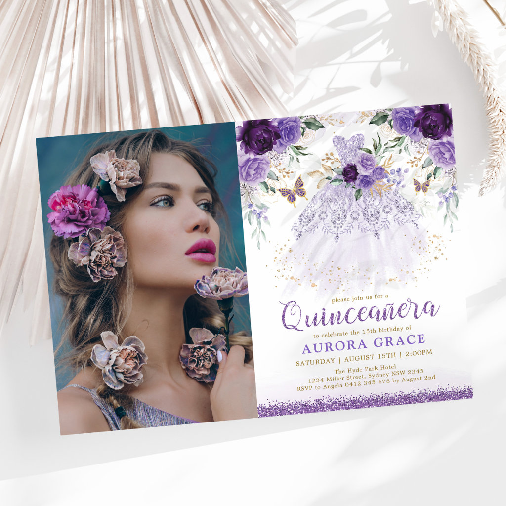 Purple Lilac Quinceañera Princess Dress Butterfly Invitation